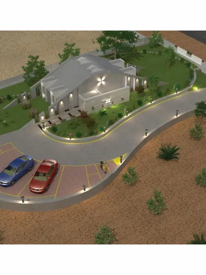 An aerial 3D visualization demonstrating our resort master planning services. This view shows how we orchestrate the relationship between the main structure, parking, and landscaping to create a seamless and intuitive guest journey from arrival to entrance.