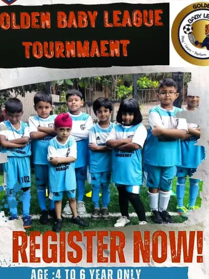 Register now for the Golden Baby League Tournament. This poster is aimed at parents of children aged 4 to 6, inviting them to give their kids a fun and structured introduction to football.