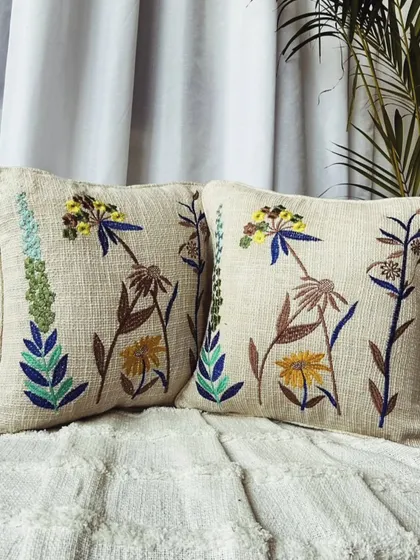 A beautiful wildflower bouquet embroidered on a slub cotton cushion cover. The mix of colors makes it easy to pair with various decor styles.