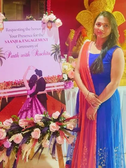 Standing by the welcome sign for Parth and Ruchita's Sanji and Engagement ceremony at the Garware Club. I manage all the details, from the decor to the event flow, to ensure a seamless and beautiful start to the wedding festivities.