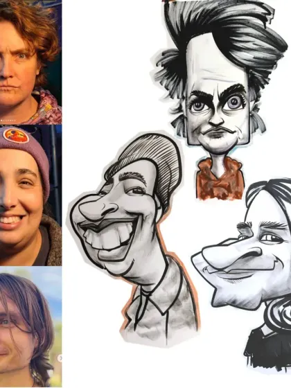 Here are some exaggeration studies I did from reference photos. Practice like this helps me hone my skills in capturing a likeness quickly.