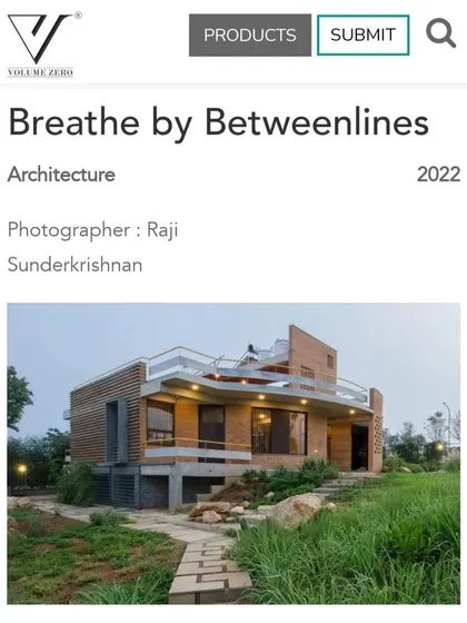 The "Breathe" project featured on the Volume Zero platform, recognizing its architectural merit and sustainable design approach.