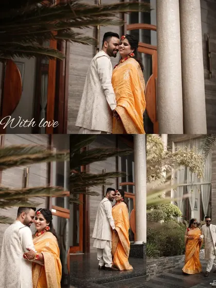 A multi-panel image capturing the couple's love, with both close-up and full-length portraits from their Haldi day.