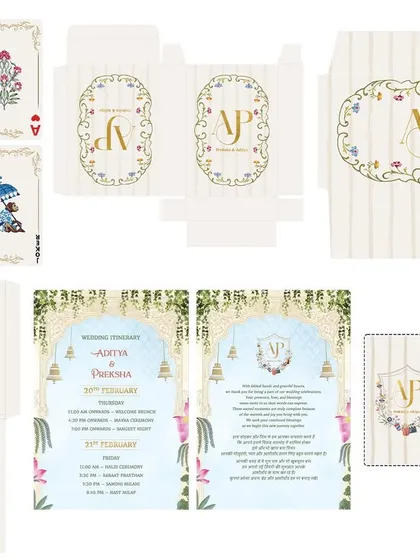 This is a preview of a complete wedding stationery project, showing how a custom monogram can create a cohesive brand for your wedding. From the invitation and envelope to custom playing cards and room tags, every piece feels connected.