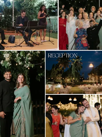 A collage capturing the intimate and joyful moments of a reception. From live music under the stars to heartfelt embraces, we create an atmosphere of pure celebration.