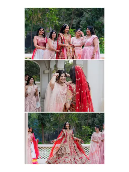 A collage showcasing the bride with her bridesmaids. These images capture the fun, support, and beautiful bond between a bride and her closest friends on her special day.