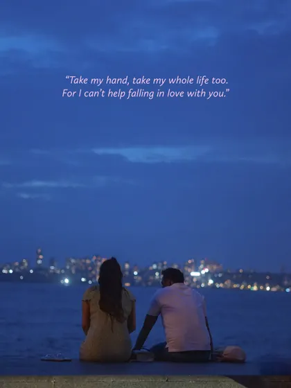 A series of images from Marine Drive at twilight, featuring people finding moments of solitude and connection against the city skyline. The photos are paired with poetic quotes about life, love, and hope.