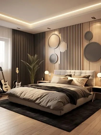 This bedroom design blends modern style with personal hobbies, featuring a wood-paneled accent wall with decorative mirrors. The neutral color scheme and warm lighting create a comfortable and personalized space.