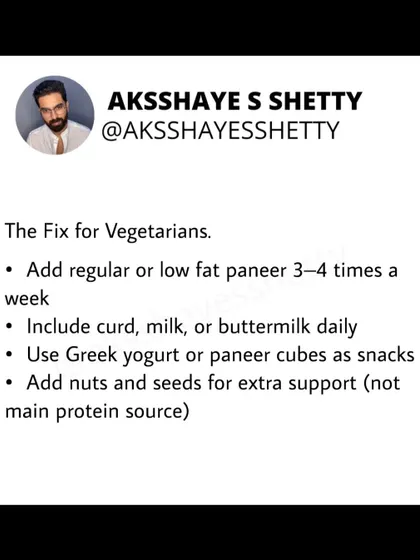 How can vegetarians fix protein deficiency? I advise including paneer 3-4 times a week, having curd or milk daily, and using Greek yogurt or paneer cubes for snacks. Nuts and seeds can provide extra support.