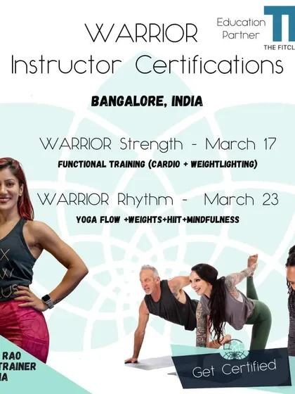 I offer certifications for both WARRIOR Strength and WARRIOR Rhythm. This graphic outlines the different formats, one focused on functional training and the other on a fusion of yoga, HIIT, and weights, so you can choose the path that best fits your style.