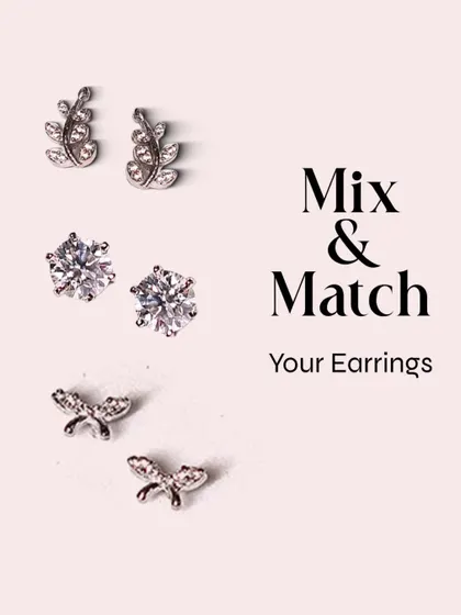 Mix and match your earrings to create your own unique style. This image shows our leaf, solitaire, and dragonfly studs, perfect for layering.
