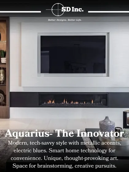 An interior design concept for the Aquarius zodiac sign. This modern, tech-savvy style features metallic accents, electric blues, and thought-provoking art, perfect for the innovative Aquarian.