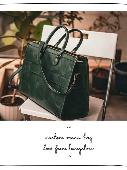 Another angle of the custom men's briefcase in a rich Avocado green. This view shows the clean lines of the back and the sturdy construction, designed to be both stylish and durable for daily professional use.