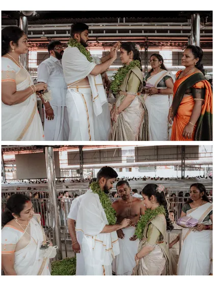 A collage of a couple during their temple wedding ceremony in Guruvayoor, showing the sacred moments of the ritual.