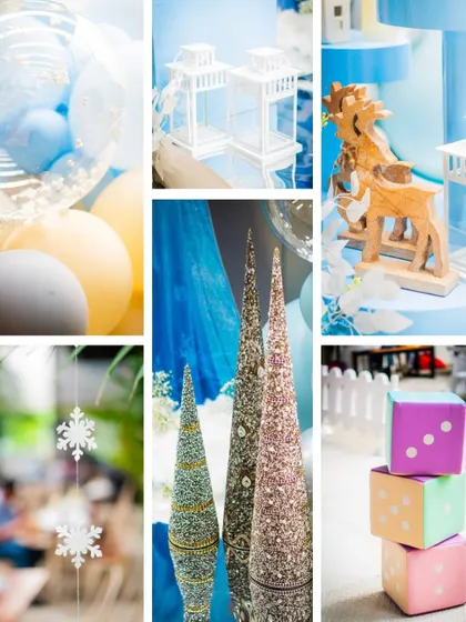 A collage of details from the Mystic Wonderland party, including snowflake ornaments, pastel blocks, and wooden reindeer, showcasing the subtle and elegant take on the Frozen theme.