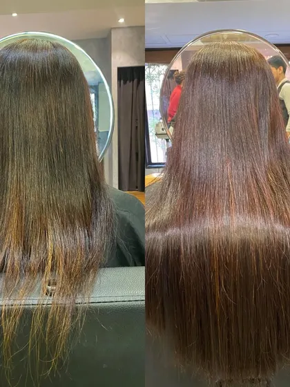 Correcting thin, uneven ends with permanent keratin glue extensions. The 'after' shot shows a full, healthy, and perfectly shaped result.