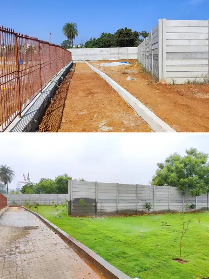 Before and after of a boundary area in a large layout. I transformed the muddy strip into a clean, green lawn, improving the overall look of the property.