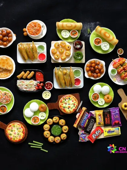 A flat lay of various food miniatures, including dosa, pizza, idli, sweets, and chocolates.