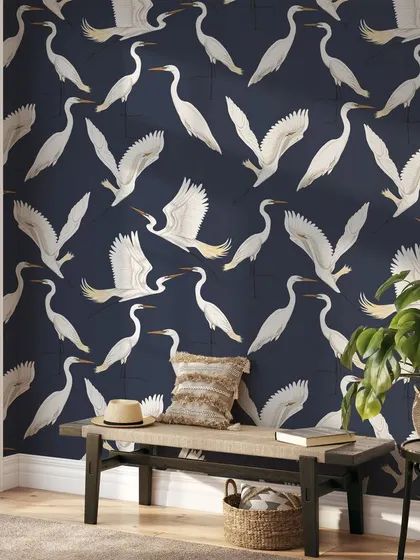 This entryway features our Navy Ashen Crane wallpaper, a sophisticated design that exudes elegance. The deep blue background and white cranes create a timeless and classic look.