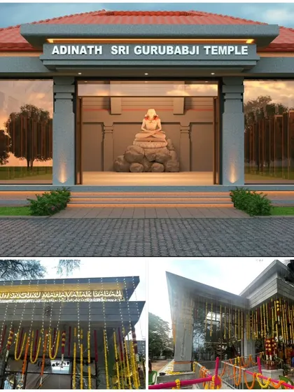 A collage showing the Adinath Sri Gurubabji Temple from concept to reality. The top render shows the clean, modern interpretation of a Dravidian temple, while the bottom photos show the completed structure adorned for a ceremony.