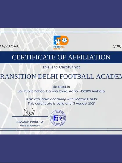 We are proud to be an officially affiliated academy with Football Delhi. This certificate is a testament to our professional standards and ensures our players have a recognized and legitimate platform to advance their careers.