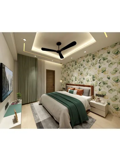 A bedroom that feels like a breath of fresh air. The green floral wallpaper and matching green accents create a vibrant and nature-inspired theme, perfect for a restful escape.