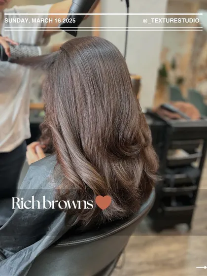 A showcase of rich browns in action. This look is all about deep, glossy color and a healthy, bouncy blow-dry to finish.