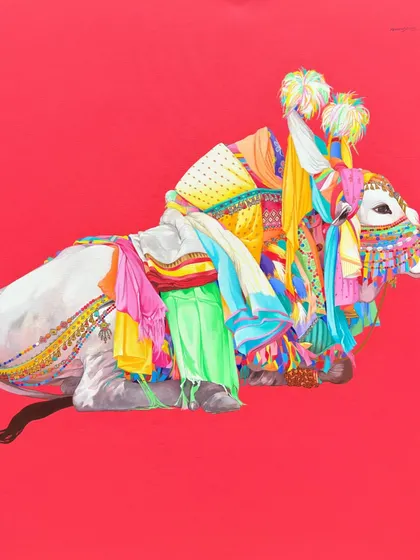 A full view of a piece from Mohammed Osman's 'Gangireddhu Series,' featuring a decorated bull against a vivid red background.