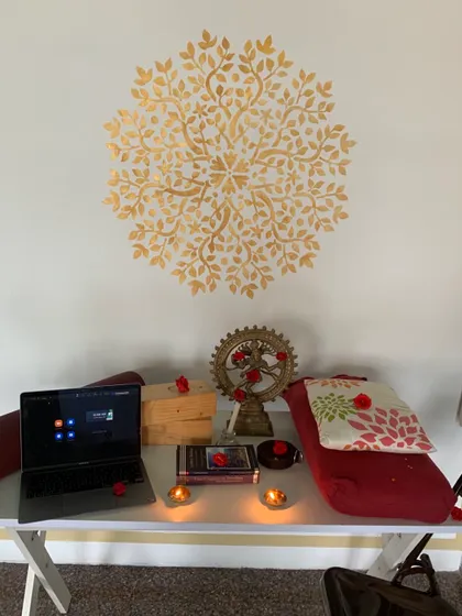 This was our setup for Ayudh Pooja, where we honor the tools of our practice. Post Covid, our laptops and the Zoom app have become essential tools, connecting us with our online students.