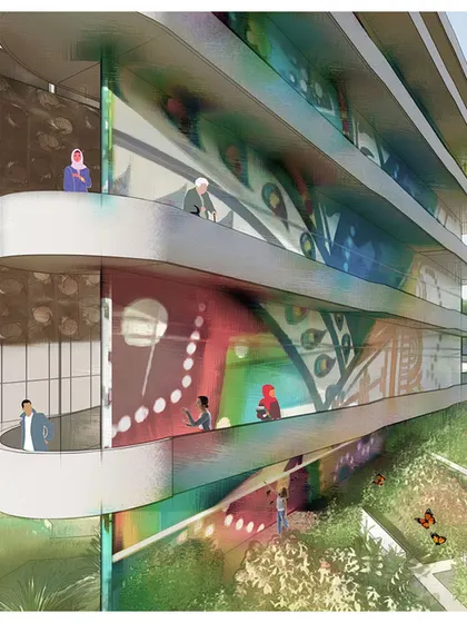 A render of the COE's cantilevered balconies, which feature colorful, translucent panels. These spaces are designed to be points of self-expression and social interaction.