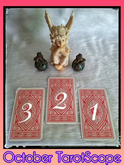 This image presents the three cards for the October 2023 TarotScope reading. Followers are invited to pick a card that calls to them for their monthly guidance.