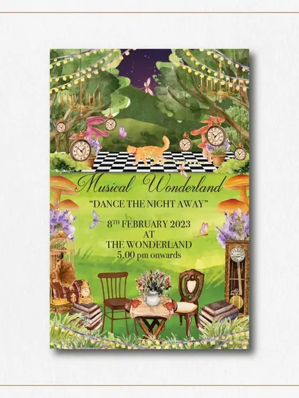 This whimsical "Musical Wonderland" themed Sangeet invitation is inspired by Alice in Wonderland. The detailed illustration includes playful elements like clocks and mismatched chairs, perfectly setting the stage for a magical evening.