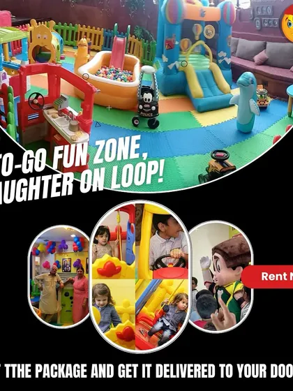 To-go fun zone, laughter on loop. This collage features a large indoor play area and close-ups of kids driving, sliding, and playing, showcasing the non-stop entertainment I provide.