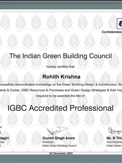 Another feather in our cap. Our Principal Architect, Rohith Krishna, is now an IGBC Accredited Professional, reinforcing our commitment to green building design and sustainability.