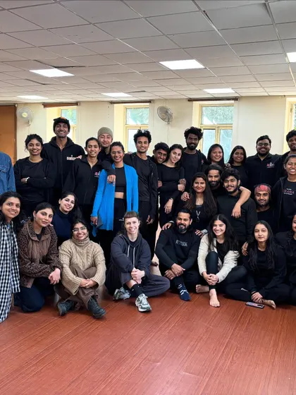A group photo of the "To Da Bone" dancers with students from the National School of Drama. We facilitate workshops and interactions between international artists and local students.