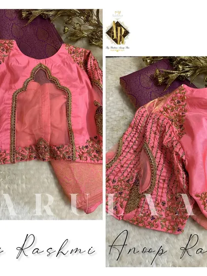 A lovely peach blouse with a sheer organza panel in the shape of a temple arch. The sleeves feature intricate descending embroidery for a rich yet elegant look.