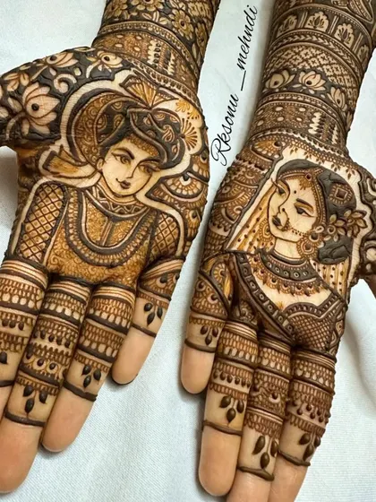A detailed close-up of the bride and groom portraits, showcasing the intricate line work and shading that brings them to life. Every element, from the jewelry to the clothing patterns, is carefully crafted.