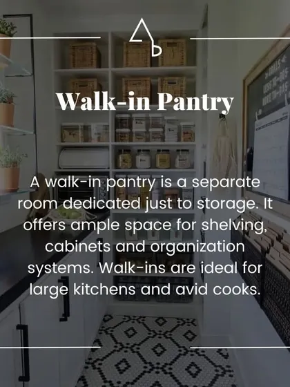 An explanation of a walk-in pantry, a separate room for storage that is ideal for large kitchens and avid cooks.