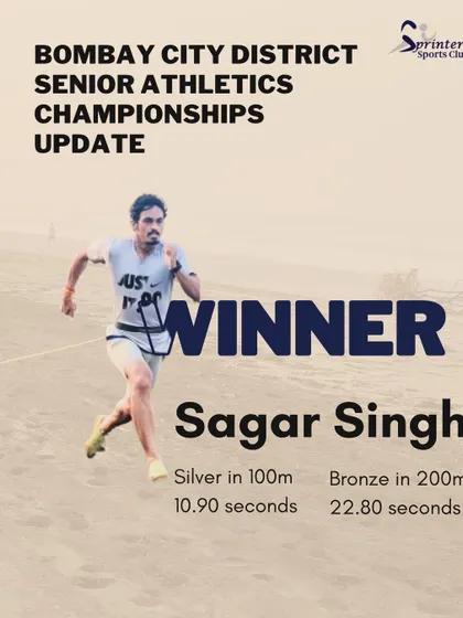 Sagar Singh showcasing his versatility and speed, winning a Silver in the 100m and a Bronze in the 200m at the Bombay City District Senior Championships.