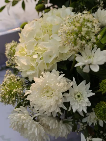 A beautiful bouquet of white hydrangeas and chrysanthemums, creating a classic and elegant look.