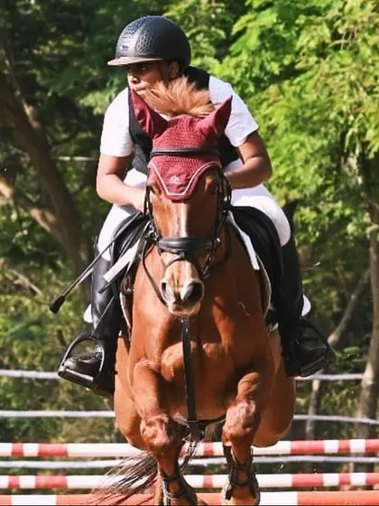 A powerful action shot of Siddharth Nandha clearing a jump at the Pondy Show. This image captures the focus and athleticism required for competitive show jumping.