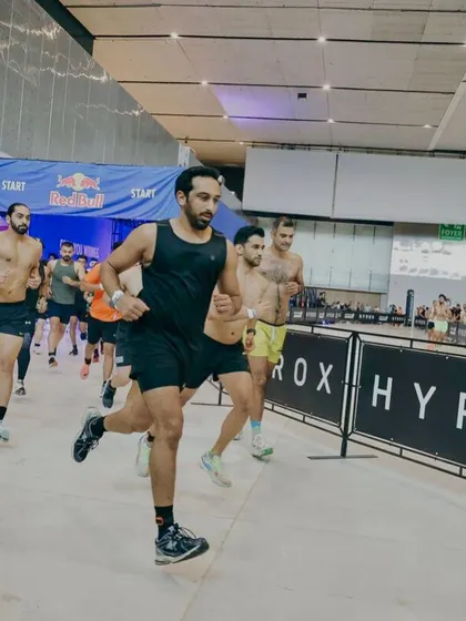 The running portion of a Hyrox race. These events mix running with functional fitness stations, requiring a well-rounded athletic ability.