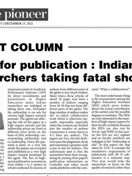 An article from The Pioneer newspaper highlighting the dangerous shortcut of "cash for publication." This is a serious issue of academic integrity that researchers must avoid.