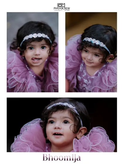 A series of close-up portraits capturing the many expressions of the birthday girl. From a cheeky smile to a look of wonder, these shots showcase her vibrant personality during her first birthday photoshoot.