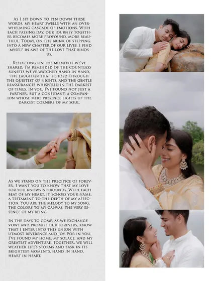 A beautiful layout combining romantic text with a collage of intimate moments from a pre-wedding shoot.