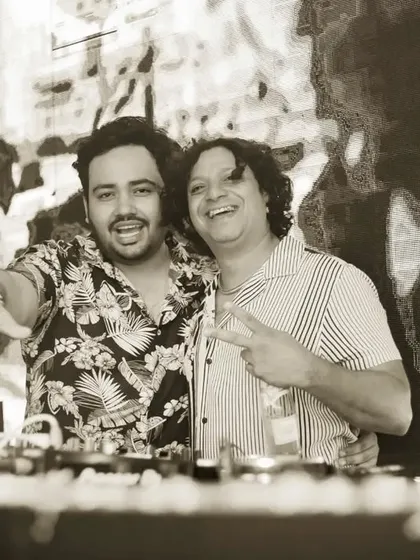 A black and white shot from a great night of collaboration. Working with other DJs allows us to play off each other's energy and create a dynamic back-to-back set.