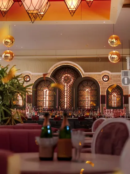 The mansion decorated for New Year's Eve, with disco balls and champagne ready to go. We transform the space to perfectly match the theme of your celebration.