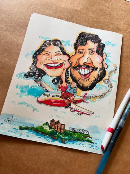 Adventure awaits! This custom caricature features a travel-loving couple flying over a scenic island, ready for their next journey. It’s a perfect gift to capture the spirit of wanderlust.