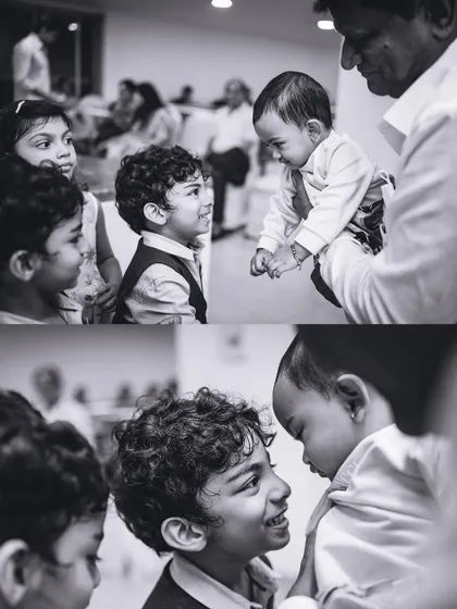 The sweet curiosity of children meeting a new baby at a family gathering, captured in classic black and white to emphasize the moment.