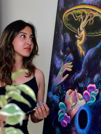 The glowing elements in this painting represent the inner light that I believe we all carry, a fraction of the universal source.